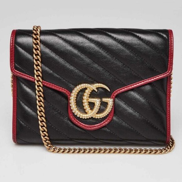 Gucci Black/Red Quilted Leather Marmont Torchon Mini Chain Wallet Clutch Bag - Picture 1 of 11